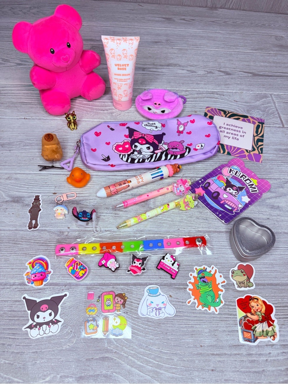Plush bear kuromi bag bundle pens , lotion stickers pens note pad gibbets